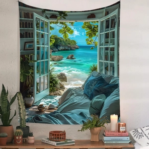 Detail of bohemian tapestry featuring a realistic ocean view through a white window frame