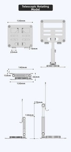 Technical drawing showing exact dimensions and 360-degree rotation of tablet stand