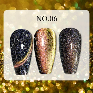 Detail of NO.06 cat eye nail polish with deep blue and gold shimmer on display card