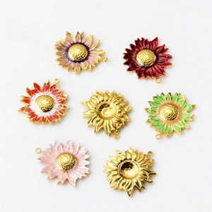 Golden stainless steel enamel sunflower pendants in various vibrant colors for DIY jewelry
