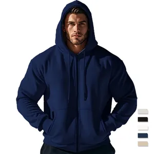 Navy blue men's fleece-lined zip-up hoodie with adjustable drawstring hood and side pockets