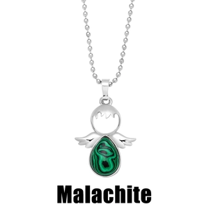 Detail of silver angel necklace featuring a teardrop malachite stone with green textures