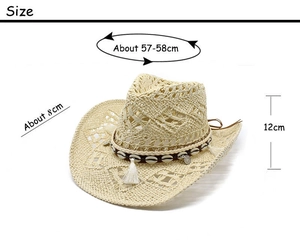 Detailed size chart of straw cowboy hat with shell band and woven hollow pattern