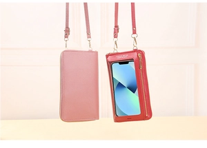 Pink and red PU leather phone purse with clear touch window and metal hook details