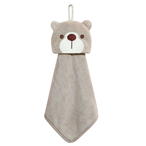Cute khaki bear-shaped coral fleece hanging hand towel with ultra-soft absorbent fiber