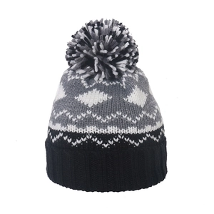 Winter Fair Isle knit beanie with fleece lining and pom-pom in black and grey geometric pattern