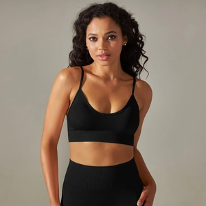 Close-up of black seamless ribbed texture on high-waist fitness leggings and sports bra