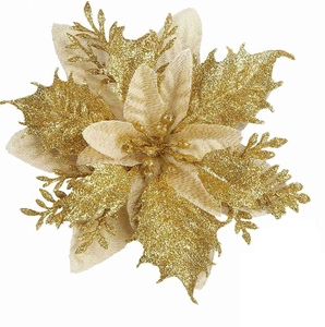 Detailed view of 14cm gold artificial flower with glitter for Christmas tree decor