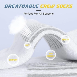 Breathable white crew socks with grey stripes and moisture-wicking knit texture