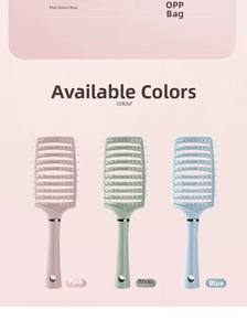 Three vented curved hairbrushes in pink, green, and blue for hair styling and massage