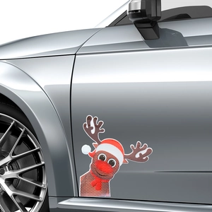 Close-up of reindeer car sticker with honeycomb texture and reflective holiday design
