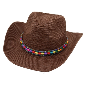 Western Cowboy Straw Hat Braided With Colorful Beads Bohemian Ethnic Sun Protection Wide Brim Beach Summer Outdoor Accessory