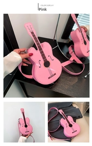 Detailed views of the creative pink guitar shaped PU leather crossbody bag and strap