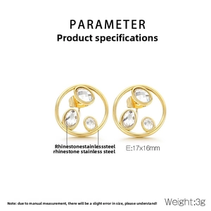 Detailed view of hollow gold-tone stainless steel earrings with sparkling rhinestones