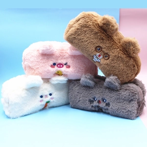 Large capacity plush pencil case with cute bear embroidery in four pastel colors