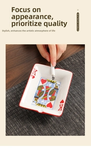 Close-up of square ceramic poker ashtray with King of Hearts design and card details