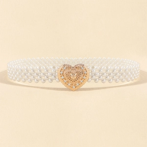 Elegant multi-strand pearl waist belt with a vintage gold rhinestone heart buckle