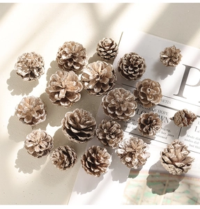 Champagne gold and natural pine cones arranged on vintage newspapers for Christmas decor