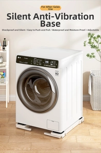 Close-up of universal appliance base with adjustable feet and wheels under a washing machine