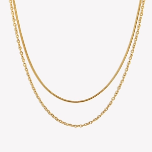 Minimalist double layer 18K gold plated stainless steel necklace for women in white background