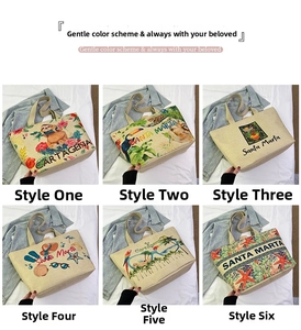 Collage of six large linen tote bags featuring various tropical and beach prints