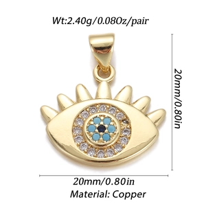 Gold plated evil eye charm pendant with blue and white stones in copper for DIY jewelry