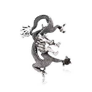 Broche dragon rétro argentée avec pierre noire pour costumes et vestes pour hommes