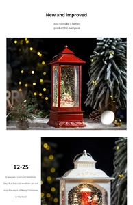 Close-up of red and white Christmas snow lanterns with miniature Santa and tree scenes