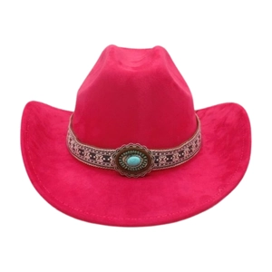 Detail of hot pink cowboy hat featuring turquoise stone and bohemian woven band decoration
