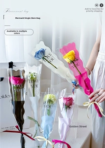 Detail of Mermaid series transparent flower bags with wavy edges and Love You prints