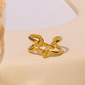 Minimalist gold geometric interlaced line ring with open adjustable stainless steel design