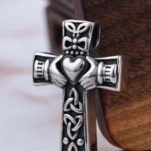 Silver stainless steel Celtic cross urn necklace with Claddagh heart knot design