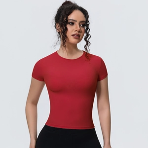 Detailed front view of red slim fit short sleeve yoga t-shirt with breathable fabric