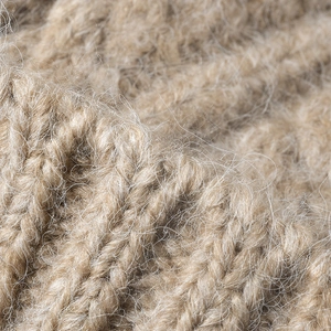 Chunky rib-knit camel beanie in soft brushed mohair wool for winter warmth and comfort