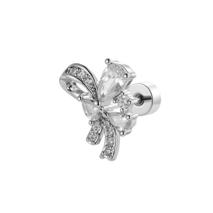 Exquisite silver bow stud earrings with sparkling cubic zirconia in a 3D screw-back design