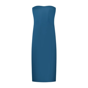 Strapless Maxi Dress Satin Texture Solid Blue Back Slit Elegant Party Sleeveless Tube Top Bodycon Women