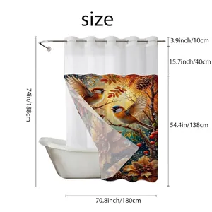 Waffle weave shower curtain with bird and leaf print and full product size dimensions