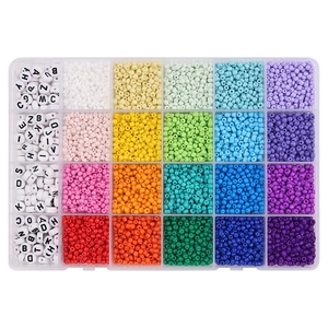 24-compartment storage box with colorful glass seed beads and alphabet letter beads for DIY