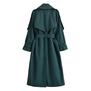 Deep green long trench coat with waist belt and lapel collar in a centered back view