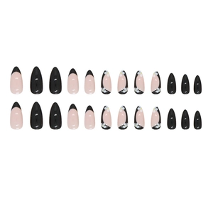 Glänzende schwarze Mandel-Kunstnägel mit Gänseblümchen-Muster, 24er-Set für Damen