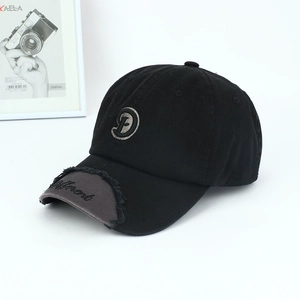 Close-up of 3D letter D embroidery and distressed detail with Different text on cap brim