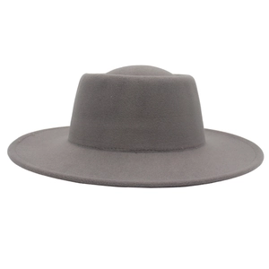 Detail shot of the flat brim and recessed crown on this classic grey wool fedora hat