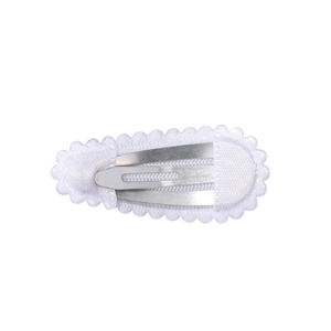 Mini children's white fabric BB hair clip with elegant scalloped edges and metal snap