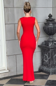 Back view of a red sleeveless bodycon maxi dress showing sleek silhouette and fit
