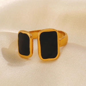 French vintage style adjustable golden ring with black enamel rectangular design