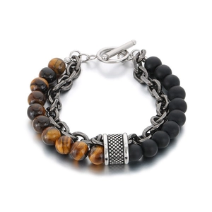 Double-layer men's bead bracelet with tiger eye, black matte stone and stainless steel