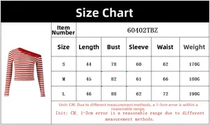 Detailed size chart for long sleeve crop top with red and white striped pattern