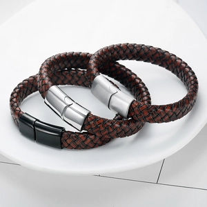 Lot de 3 bracelets tressés en cuir pour hommes avec fermoirs magnétiques noir et argent
