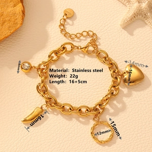 Gold stainless steel multi-charm bracelet with heart and rhinestone pendants on leather