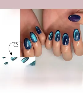 Detailed view of blue cat eye press-on nails with gradient oval shape and magnetic finish